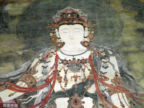 法海寺壁画中的水月观音像的局部。（视觉中国）