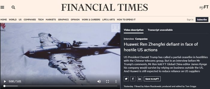 　“面对美国的敌对行动，任正非表现出蔑视” 报道截图