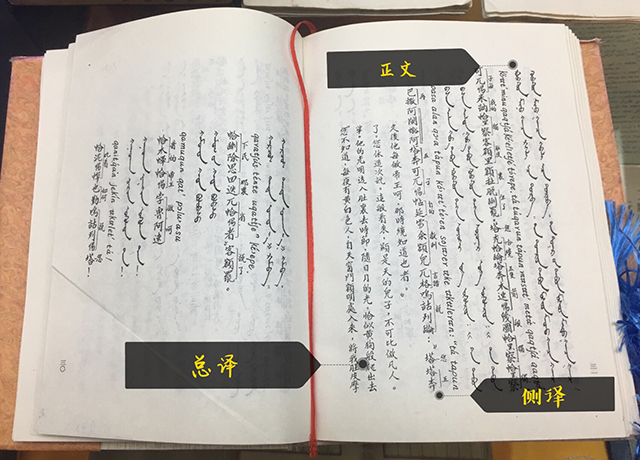  △这个版本的《元朝秘史》由正文、侧译、总译等三个部分组成。正文是用汉字音拼写的蒙古语，蒙古语的每个单词旁边都有汉字注明词义和语法形式，这种注解称之为侧译。总译则是对蒙古语作通顺的汉语翻译，方便读者对原文有总体了解。