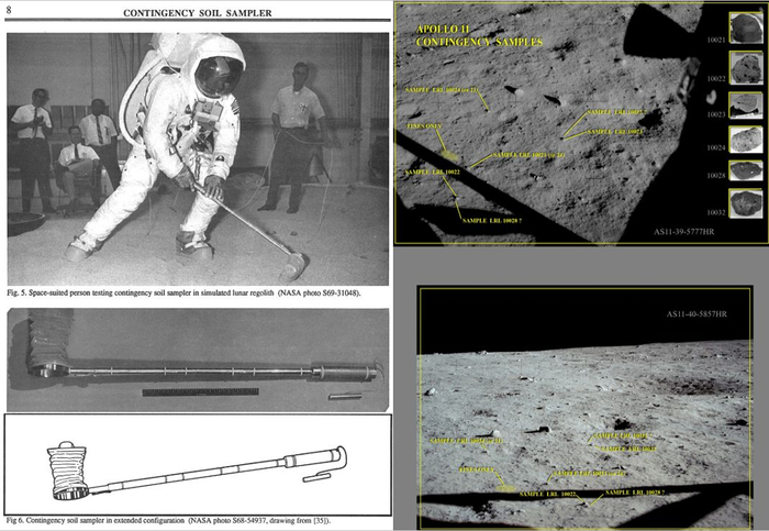 　　第一次月面采样发生于北京时间上午11时5分58秒-9分8秒这三分多钟里，阿姆斯特朗共采集了约1公斤月球样品装入塑料袋中。来源：NASA
