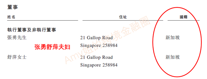 △图：张勇舒萍夫妇国籍为新加坡（来源：海底捞招股书）