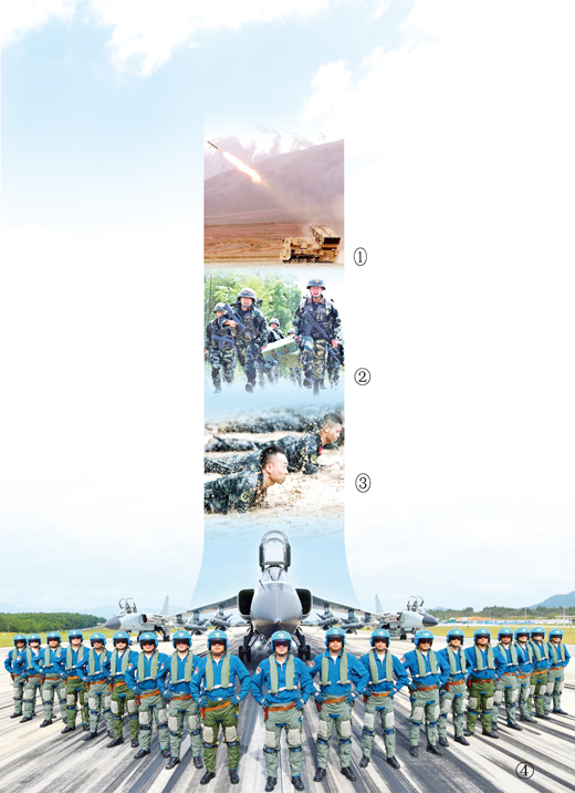 　　图①：8月下旬，陆军第76集团军某旅在昆仑山腹地组织多兵种实兵演习。陈善锋摄 　图②：6月4日，武警广西总队特战队员正在进行武装奔袭训练。余海洋摄 　图③：7月，武警北京总队某部特战预备队员正在进行考核。 贾 娟摄 　图④：南部战区海军航空兵某飞行团飞行员合影。高宏伟摄
