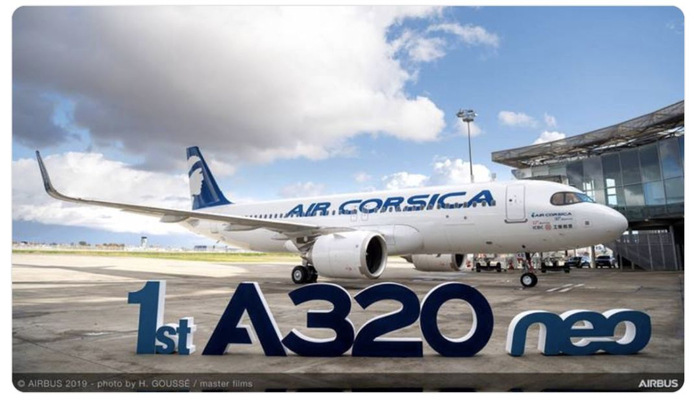  空客交付给科西嘉航空公司的首架A320 NEO客机。/ 推特截图
