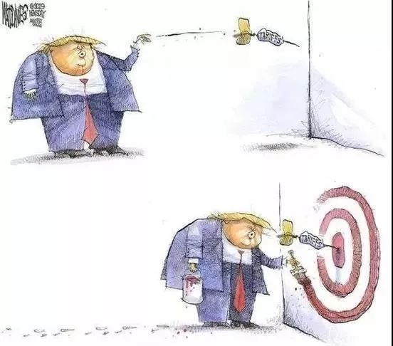 ▲特朗普扔出关税飞镖，再在飞镖四周画上靶子。（美国《政治报》网站）