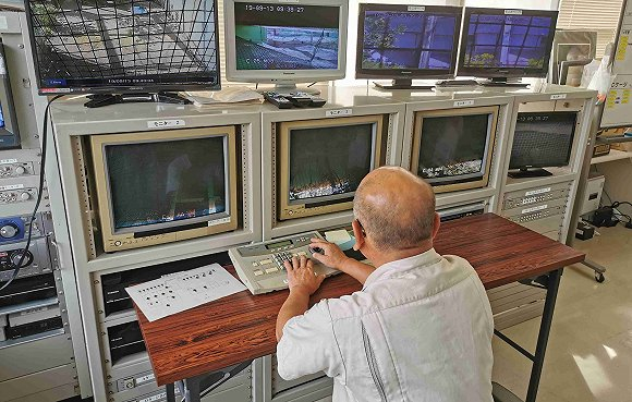  61岁的金子良则在监视器前观察朱鹮 拍摄：田思奇