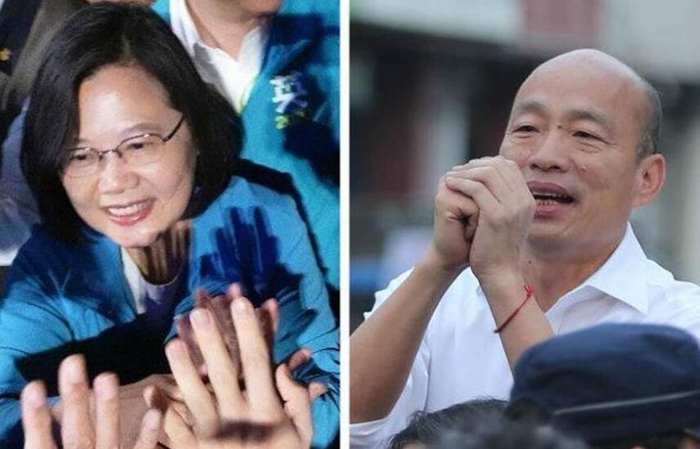  韩国瑜（右）与蔡英文的民调票数差距“吓死人”。（图片来源：台湾《中时电子报》）