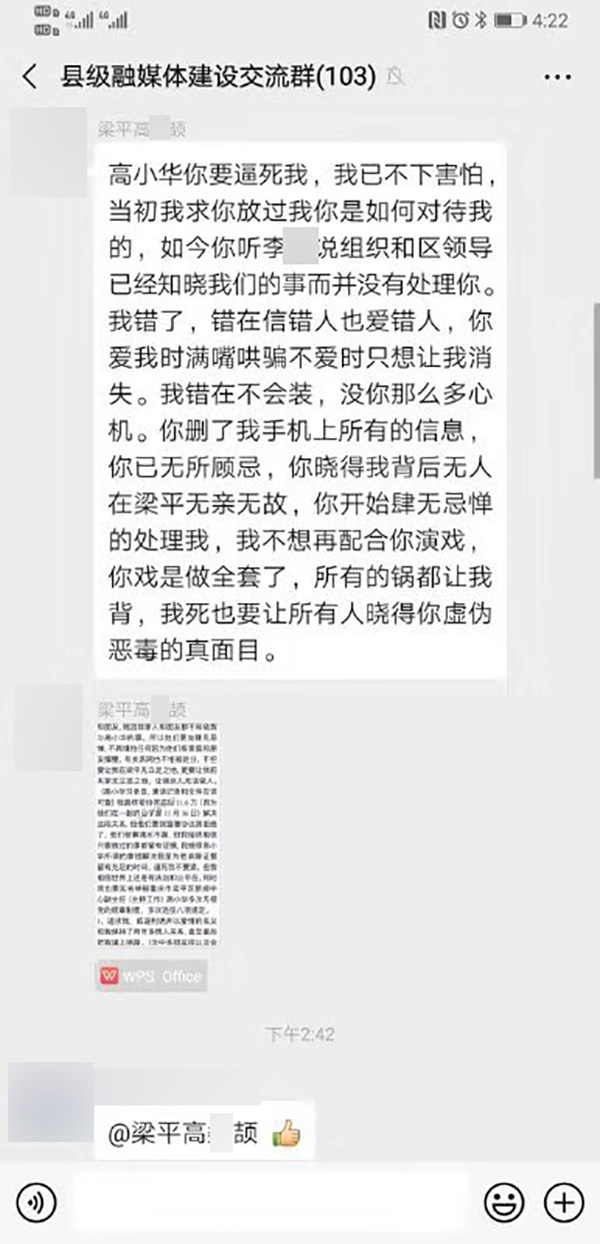 微信名为“县级融媒体建设交流群”中，有自称是高小华的情人举报。 微信群截图