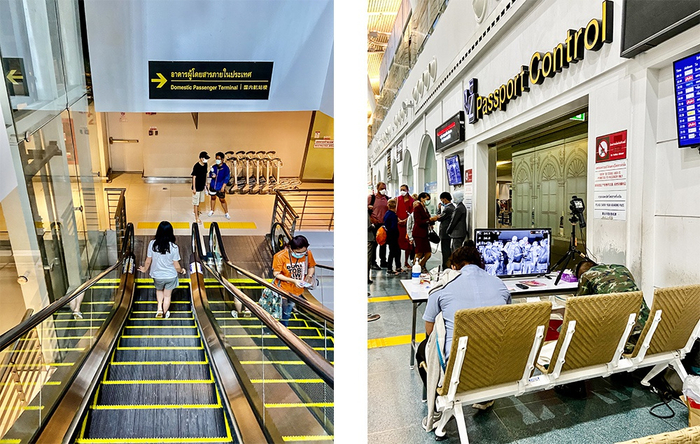  左：2月27日，泰国普吉岛国际机场的行人。右：2月27日，泰国普吉岛国际机场出境口的红外测温仪。（摄影：周天）