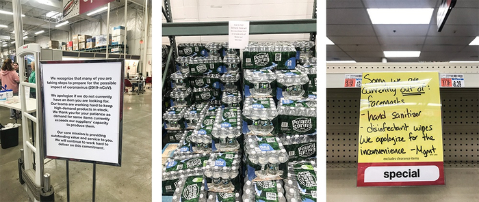 　　左：3月13日，美国新罕布什尔州纳舒厄的BJ超市（BJ‘s Wholesale Club），说明商品短缺的告示牌。上面写着：“我们意识到你们很多人正在准备着迎接新型冠状病毒所带来的可能影响。如果您无法在这里找到需要的物品，我们向您道歉。我们的团队正努力保证那些高需求的产品的存货”。 　　中：3月13日，美国新罕布什尔州纳舒厄BJ超市，由于需求量大，超市限制每位会员只能购买两个单位的水。 　　右：3月13日，美国马萨诸塞州洛厄尔CVS超市，告示显示口罩、洗手液、消毒湿巾暂时缺货。（摄影：门爽）