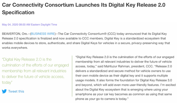 ▲汽车通信联盟制定的Digital Key Release 2.0规范