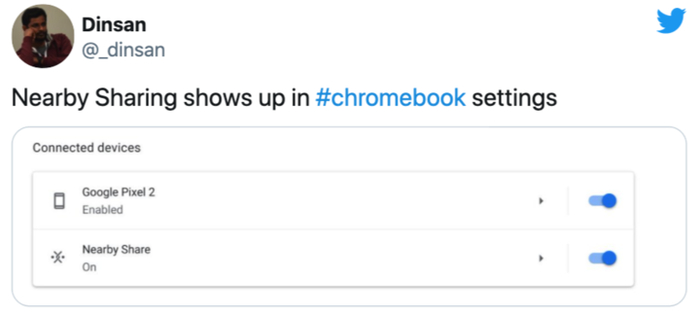 Twitter 用户曝光图：附近共享出现在 Chromebook 设置中