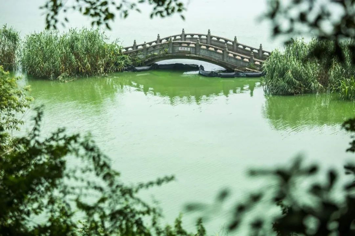  ▲ 无锡太湖边，水涨贴近桥面。摄影/张中伟