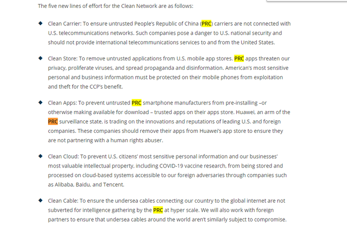 △美国国务院网站上公布的“清洁网络”计划的五项具体内容中，中华人民共和国（PRC）出现的频率非常高。