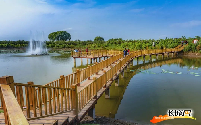 村民漫步在雄县雄州梨湾公园湖中长廊上。雄县摄影家协会供图