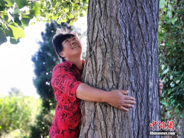 图为殷玉珍在沙地里亲手种植的树木  党田野摄