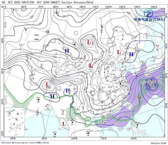 △10月8日8时全国地面气压分布（来源：中央气象台）