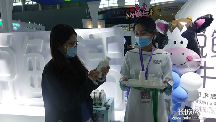 君乐宝乳业集团展位工作人员为观众介绍“悦鲜活”牛奶。长城网记者 吴新光 摄
