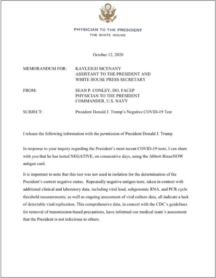 白宫医生发布特朗普最新健康备忘录