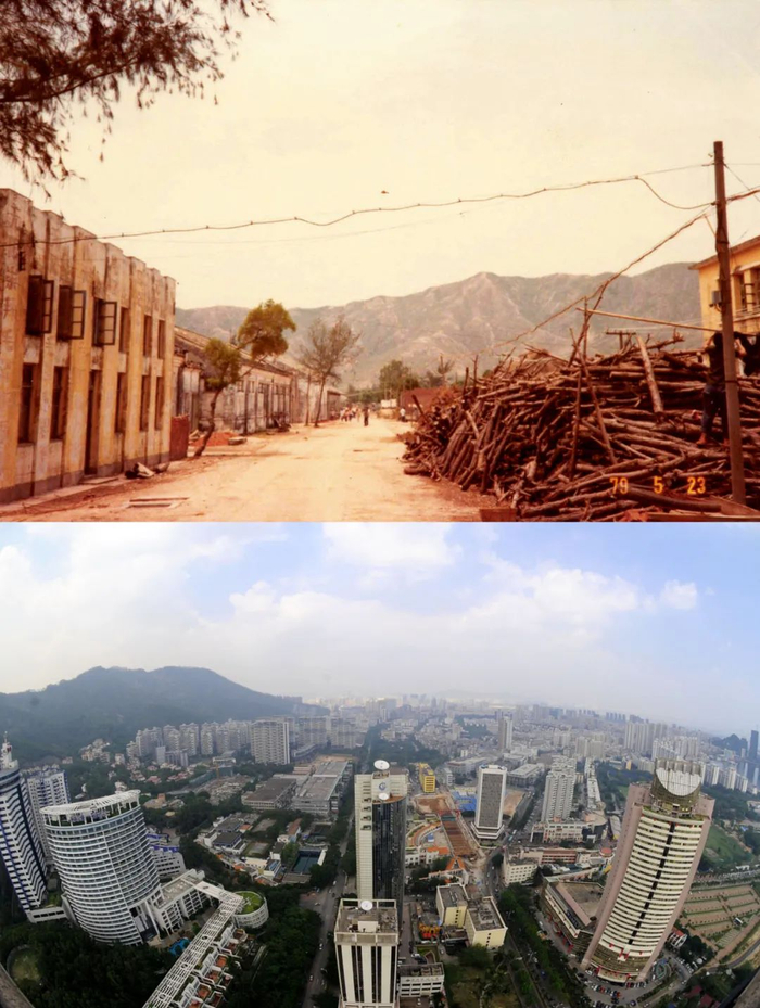 上图：开发前的蛇口老街（1979年5月23日摄，资料照片）。下图：高楼林立的蛇口工业区（2008年10月10日任勇摄）。