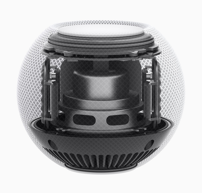 ▲ HomePod mini 配备包括 Apple S5 芯片的定制硬件，以及先进的软件，利用计算音频技术打造震撼人心的音效。
