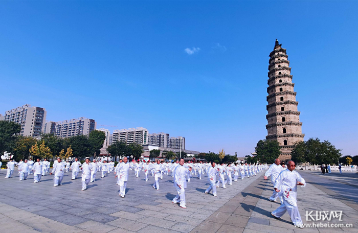 市民在景州塔下进行太极拳交流活动。