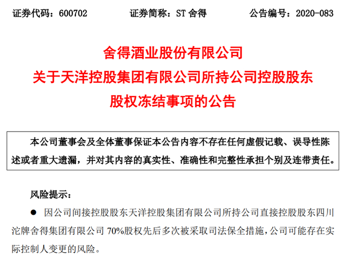 （图片来源：ST舍得公告）