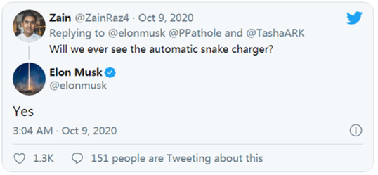 （图：马斯克确认自动机器人充电器计划）