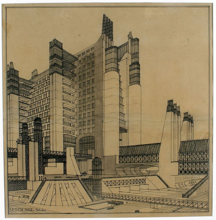 未来主义建筑师安东尼奥·圣埃利亚（Antonio Sant‘Elia）所作的未来主义建筑构想图