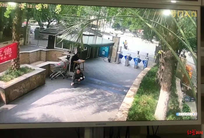 外卖小哥蹲下疑逗小狗