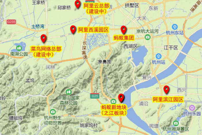 阿里巴巴部分相关企业在杭州布局。