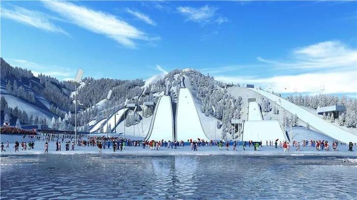 ▲ 涞源国家跳台滑雪训练科研基地赛道效果图，中间两条赛道为已建成赛道。中铁十六局集团有限公司供图