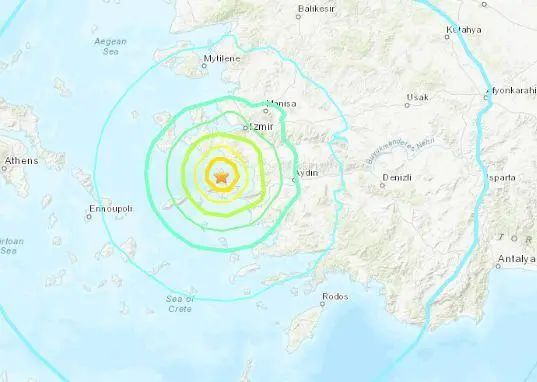 北京时间10月30日19时51分许，希腊发生强烈地震。图片来源：美国地质勘探局网站截图。
