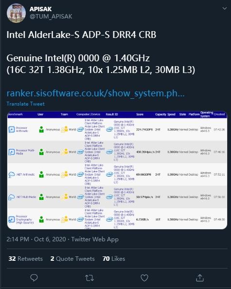 英特尔Alder Lake S 处理器现身：16 核32 线程_手机新浪网