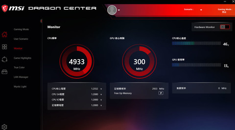 ▲在「Monitor」功能中，提供了系统核心运行的状态，像是 CPU 与 GPU 的核心频率、CPU 核心温度、GPU 使用率…等资讯。