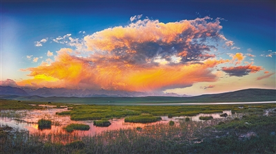 彩云下，祁连山内的大片湿地