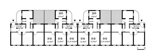 曹杨一村户型平面鸟瞰图（两个厨房之间为单元楼入口院落）