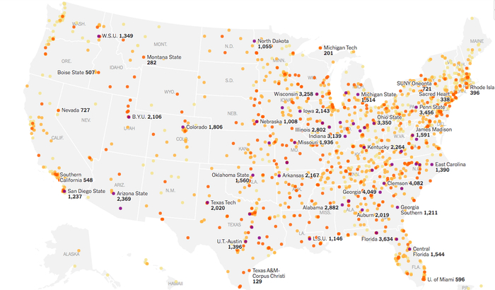 △截止10月22日，美国各大院校新冠病毒感染数据 &nbsp;（图片来源：《纽约时报》）