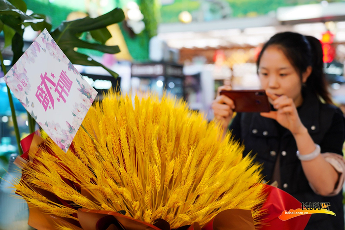 花卉市场商户正在整理自家花卉产品。