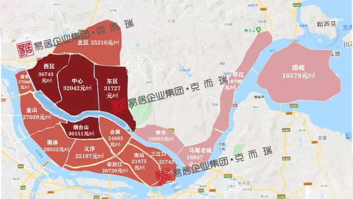 △福州各区域板块价格分布图，数据来自克而瑞
