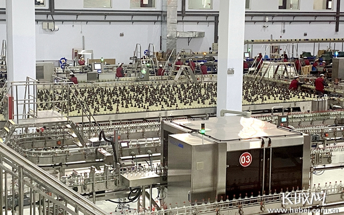 在现代化包装车间，数千个酒瓶在自动化包装线上流动。长城网记者 信贺宁 摄