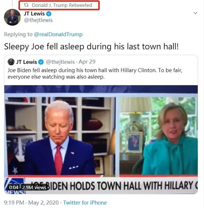  ·拜登与希拉里连线时，被网友指出疑似睡着了。