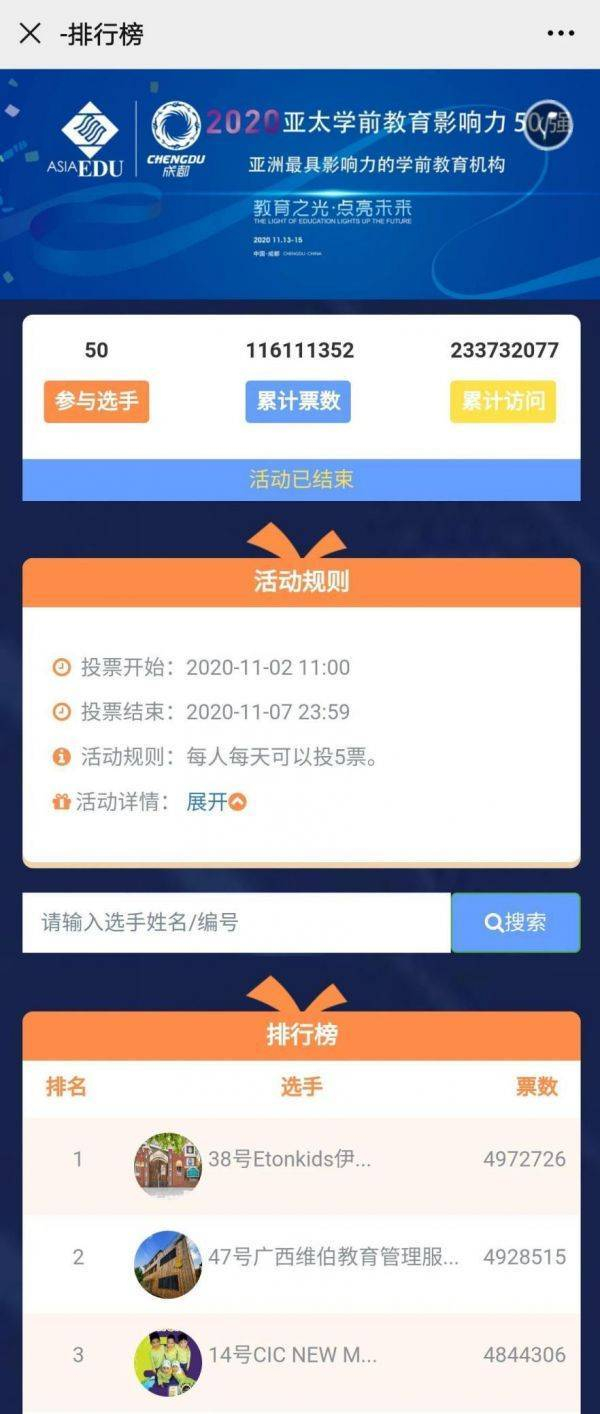 “2020亚太学前教育影响力50强”评选网络投票，Etonkids排名第一