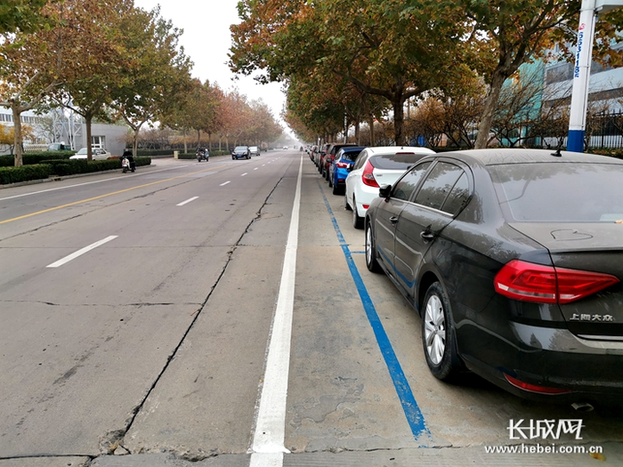 这些蓝色停车位的存在也让本来就不宽阔的非机动车道更加狭窄。长城网记者 周亚彬 摄