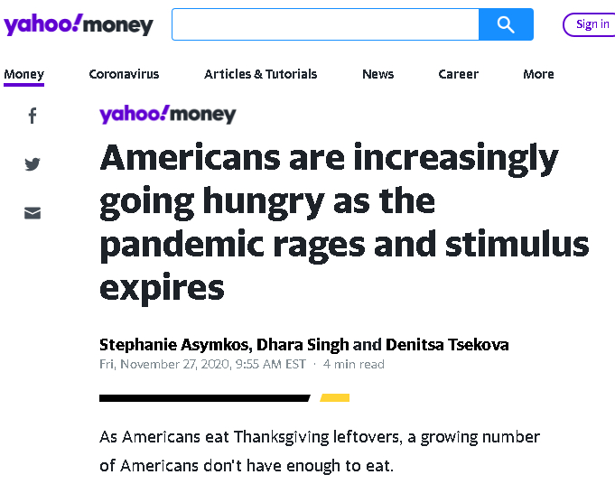 △据雅虎报道，随着新冠疫情肆虐和刺激政策到期，美国人的饥饿感越来越强