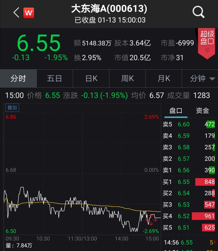 大东海a预计2019年净利不超120万元 今日股价下跌1.95%