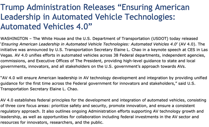 ▲美国政府公布了最新的自动驾驶汽车准则4.0（图片来源：官网截图）