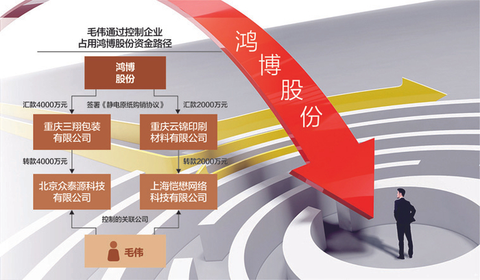 寓泰控股非经营性占用鸿博股份资金6000万元，寓泰控股实际控制人、公司时任董事长兼总经理为毛伟 杨靖制图
