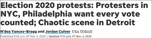 “纽约、费城等地抗议者要求点清所有选票”，《今日美国报》报道截图