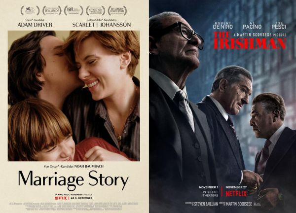 奈飞公司发行的影片《婚姻故事》（左）和《爱尔兰人》海报（资料图片）