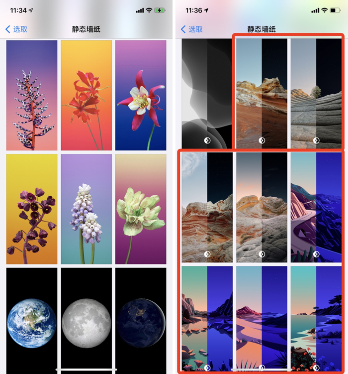 ▲左为被「下架」墙纸，右边框选的为 8 款新墙纸